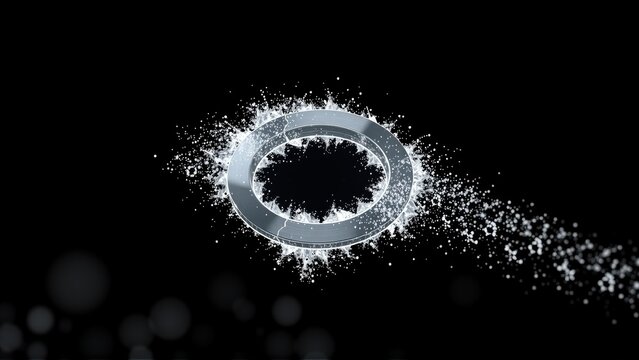 Letter O disintegrating into particles. Dramatic lighting, dark background, splash effect, modern design.