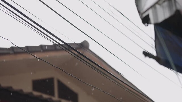 Rain falling past a Chinese style tiled roof eave