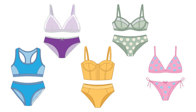 Women underwear and lingerie vector set. Collection of colorful bra, panties, sports bralette, floral briefs, high waisted undergarments and fashion clothing elements.