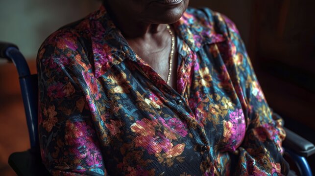 A close-up shot of an elderly black woman wearing a bright patterned colorful blouse, sitting thoughtfully in a wheelchair inside a room. 