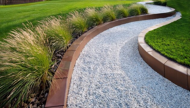 contemporary residential landscaping showcasing curved corten steel garden beds filled with native grasses and xeriscaping plants harmonizing with a bright white pebble pathway and green lawn