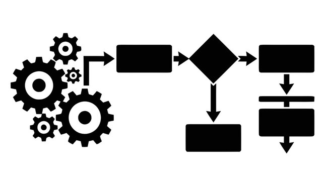 Vector illustration of gears and business process workflow diagram icon on a transparent background