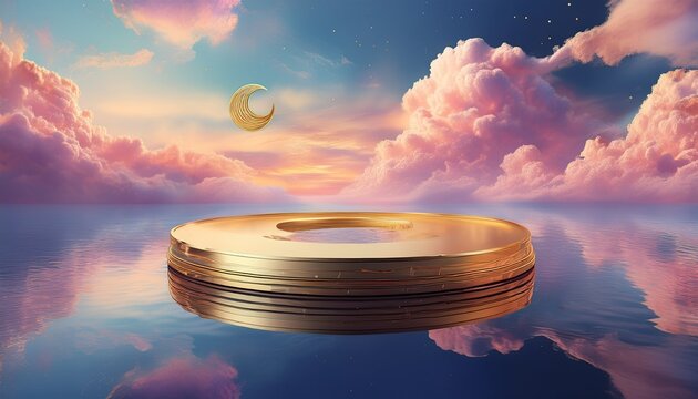 dreamy surreal landscape with a golden circular platform floating on calm water surrounded by pastel clouds and a crescent moon in a colorful twilight sky
