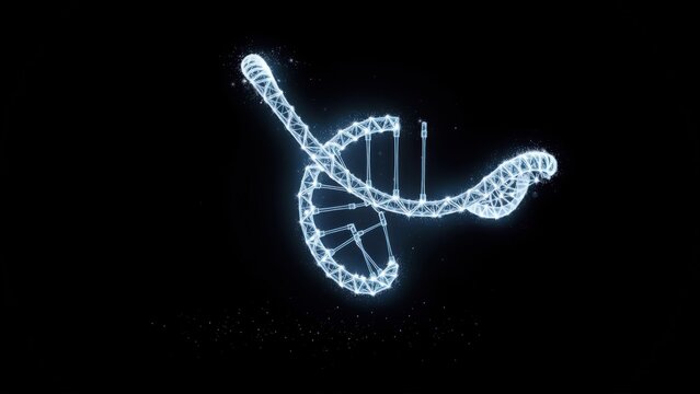 Bright blue polygonal DNA structure floats against dark background. Lines connect forming helix shape, representing genetic code.