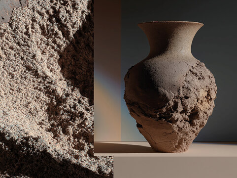 Close-up of a split-screen composition featuring textured crushed paper left and clay pottery right Earthy tones, tactile detail, soft shadows, minimalist style Unfinished clay po - AI-Generated