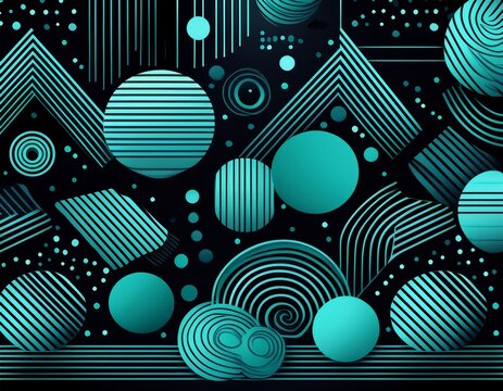 geometric memphis inspired pattern featuring turquoise rounded shapes straight lines and dots contrasting against black background generating seamless repeatable design