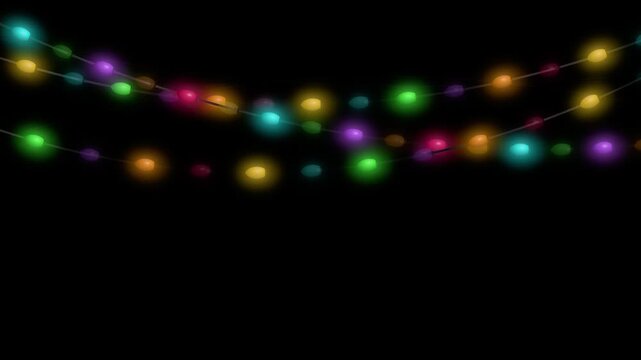 Two horizontal strings of vibrant, glowing light bulbs illuminate a dark black background. The diverse colors create a festive and celebratory atmosphere, ideal for holiday promotions, event