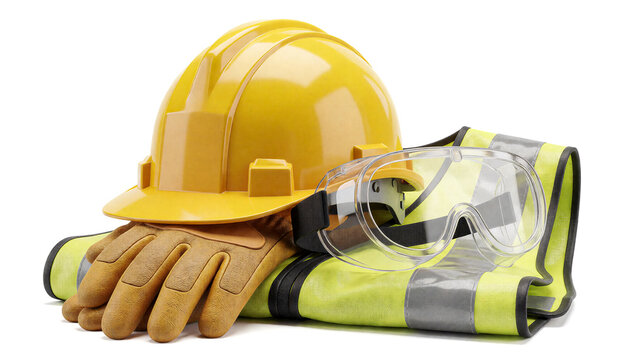 Construction personal protective equipment set with yellow hard hat, safety goggles, gloves, and reflective vest isolated on white background generative AI