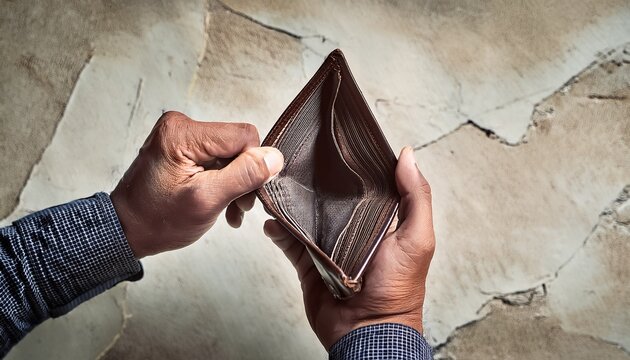hands holding an empty wallet representing financial struggle and economic crisis in a vintage collage style