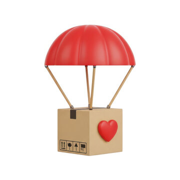 Cardboard box with heart symbol falling with a parachute isolated on white background