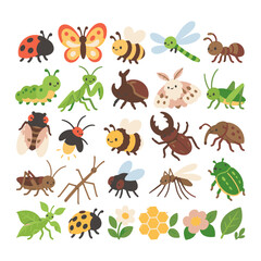 Fototapeta premium Cute Insects and Garden Bugs Character Vector Illustration Set