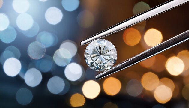 luxury diamond in tweezers closeup with bright bokeh background