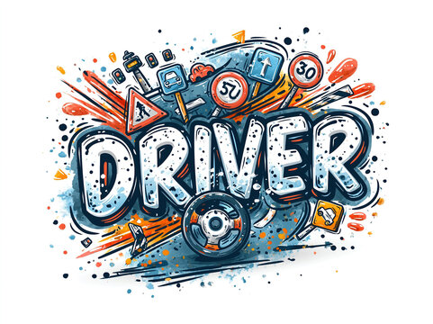 Centered graphic illustration with the word driver in dynamic bubble letters The style is reminiscent of graffiti or street art, characterized by vibrant colors blues, yellows, reds - AI-Generated