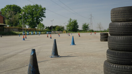 Drift race track made from traffic cones and old car tires © Video_StockOrg