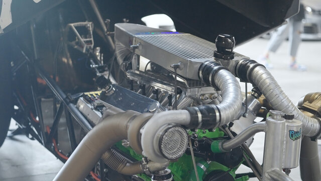 Performance engine of drag racing car under the bonnet