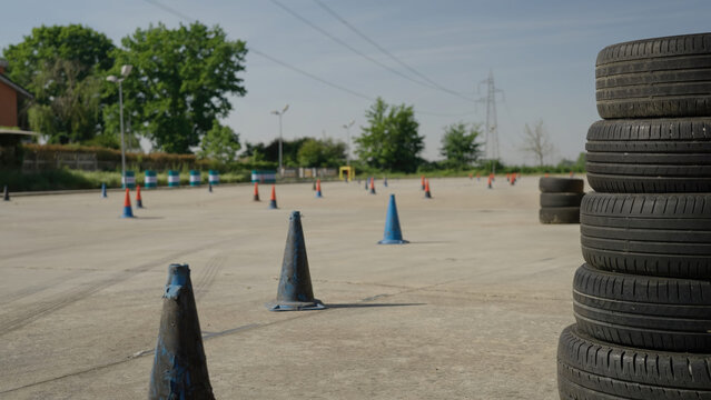 Drift race track made from traffic cones and old car tires