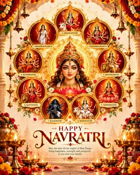 Nine forms of goddess durga displayed in golden circular frames for navratri celebration with hindu goddess