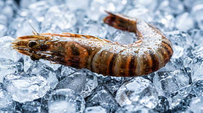 Fresh raw tiger prawn resting on a bed of crushed ice cubes.