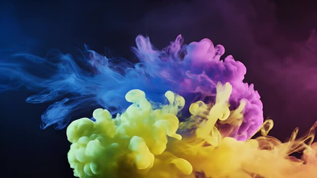 Swirling clouds of vibrant blue, purple, and yellow ink dance in dark space