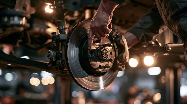 Mechanic hand installing car brake disc on wheel hub in professional auto repair garage, vehicle brake system replacement, automotive maintenance, workshop service and car repair concept