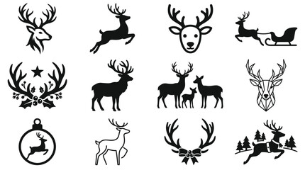 A festive christmas icon set vector bundle featuring various reindeer silhouettes and artistic holiday deer graphic design elements © MdHabibur