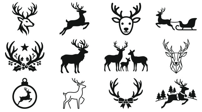 A festive christmas icon set vector bundle featuring various reindeer silhouettes and artistic holiday deer graphic design elements