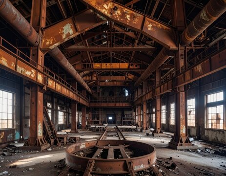 Abandoned industrial factory interior with rusty steel beams