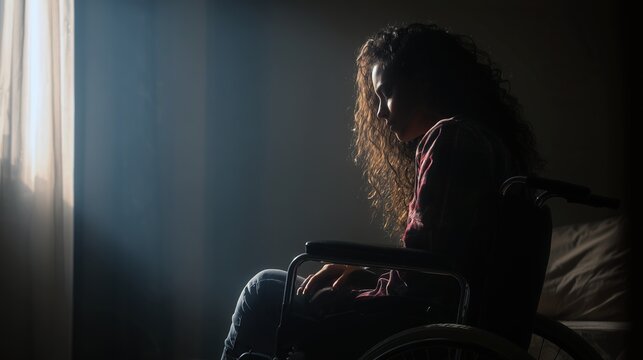 A dramatic side-profile shot of a thoughtful woman with long curly hair sitting in her wheelchair near a soft window light in a moody, dark interior. 