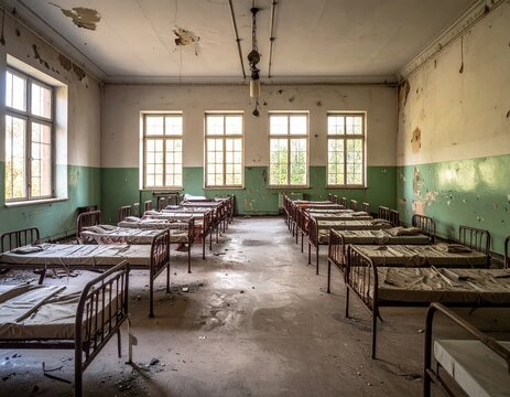 Abandoned institutional dormitory with rows of old beds