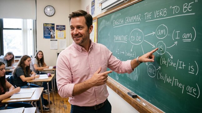 Instructor points at grammar diagrams written on a green chalkboard while teaching an English lesson to students sitting at wooden desks inside a traditional schoolroom.