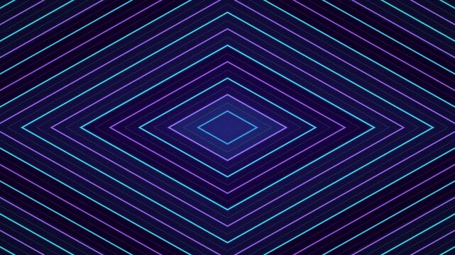Hypnotic geometric pattern of glowing neon diamond shapes radiating from the center on a dark background