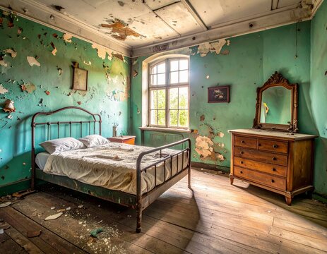 Abandoned Bedroom with Peeling Paint and Decaying Furniture