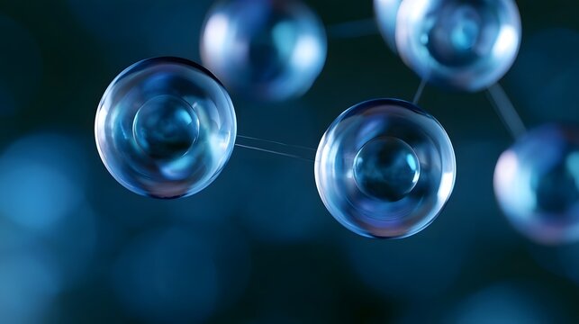 Abstract scientific visualization of interconnected spheres with glowing blue highlights and soft bokeh background