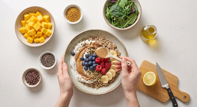 Healthy Breakfast Bowl with Fresh Berries, Banana, Grains and Nut Butter