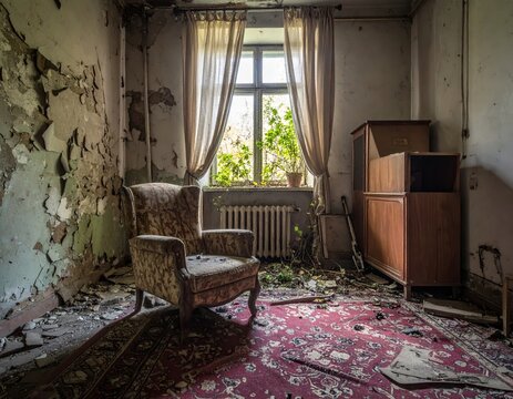 Abandoned Room with Peeling Walls and Old Armchair