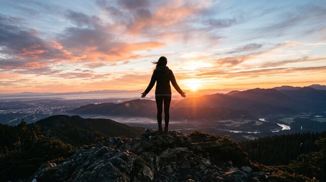 Woman standing on mountain peak arms outstretched embracing sunrise over valley and distant city