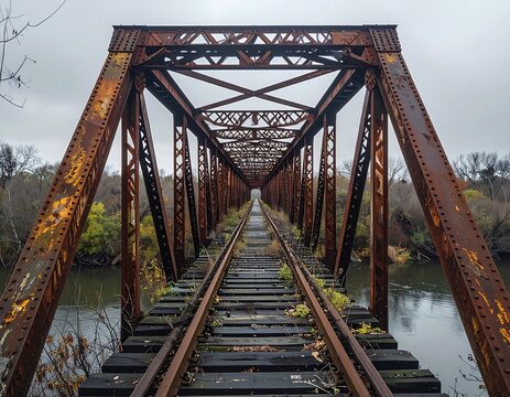 Abandoned rusty railway bridge spanning river on cloudy day