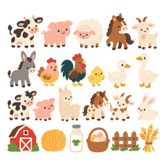 Fototapeta premium Cute Farm Animals and Countryside Elements Vector Illustration Set