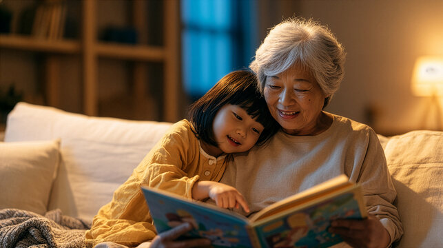 Elegant elderly Asian grandmother, sitting on a sofa reading a colorful illustrated storybook with her adorable granddaughter.