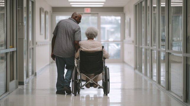 A rear angle shot of an adult black man standing next to an elderly family member in a wheelchair in front of a clinic exit door. 