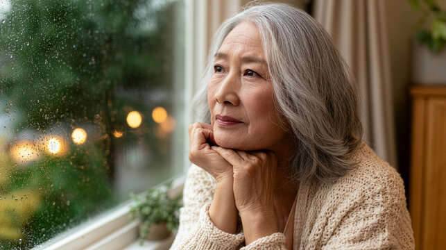 Elegant elderly Asian woman standing beside a large living room window in a warm Scandinavian home.