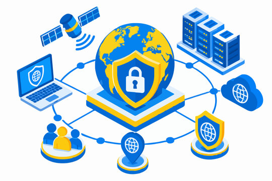 Isometric Global Cybersecurity Shield with Globe and Network Protection