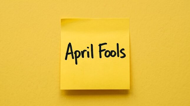 April Fools handwriting note on yellow sticky pad, minimal prank concept image, handwritten text message for April fool day event