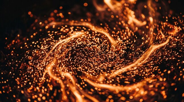 Fiery vortex of glowing embers and swirling flames creating a dynamic abstract background of light and energy