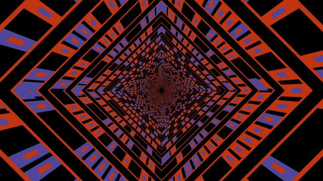 Infinite geometric tunnel with orange and purple diamond patterns creating a hypnotic optical illusion depth background