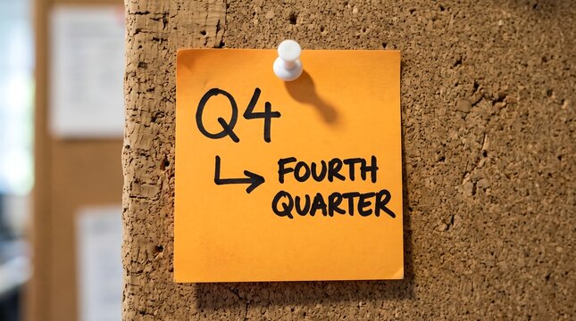 Orange adhesive sticky note with Q4 Fourth Quarter handwriting, pinned on cork bulletin board, business goal concept