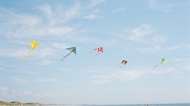 Five colorful kites flying high in a clear blue sky over a sandy beach and ocean on a sunny day