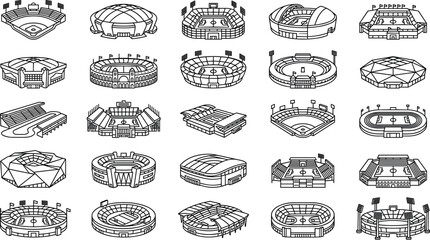 Stadium arena icon set with sports field complex stadium building structure architecture construction outline line vectors © MDAJAHAR