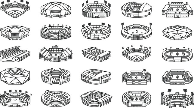 Stadium arena icon set with sports field complex stadium building structure architecture construction outline line vectors