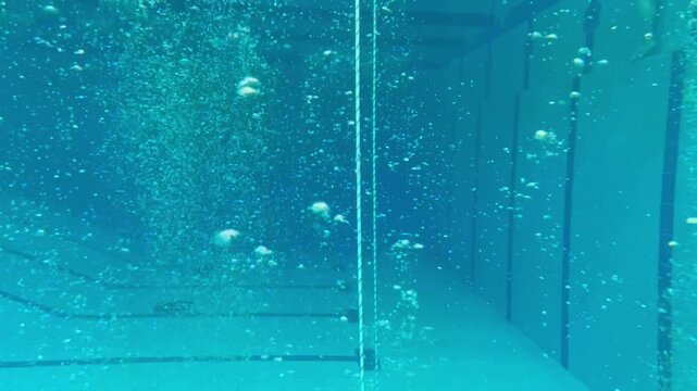 Shiny air bubbles underwater rising from bottom to surface. Stream of oxygen bubbles in blue water. 